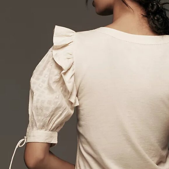 Anthropologie Embroidered Puff-Sleeve Top (Small - Cream) - Picture 3 of 5